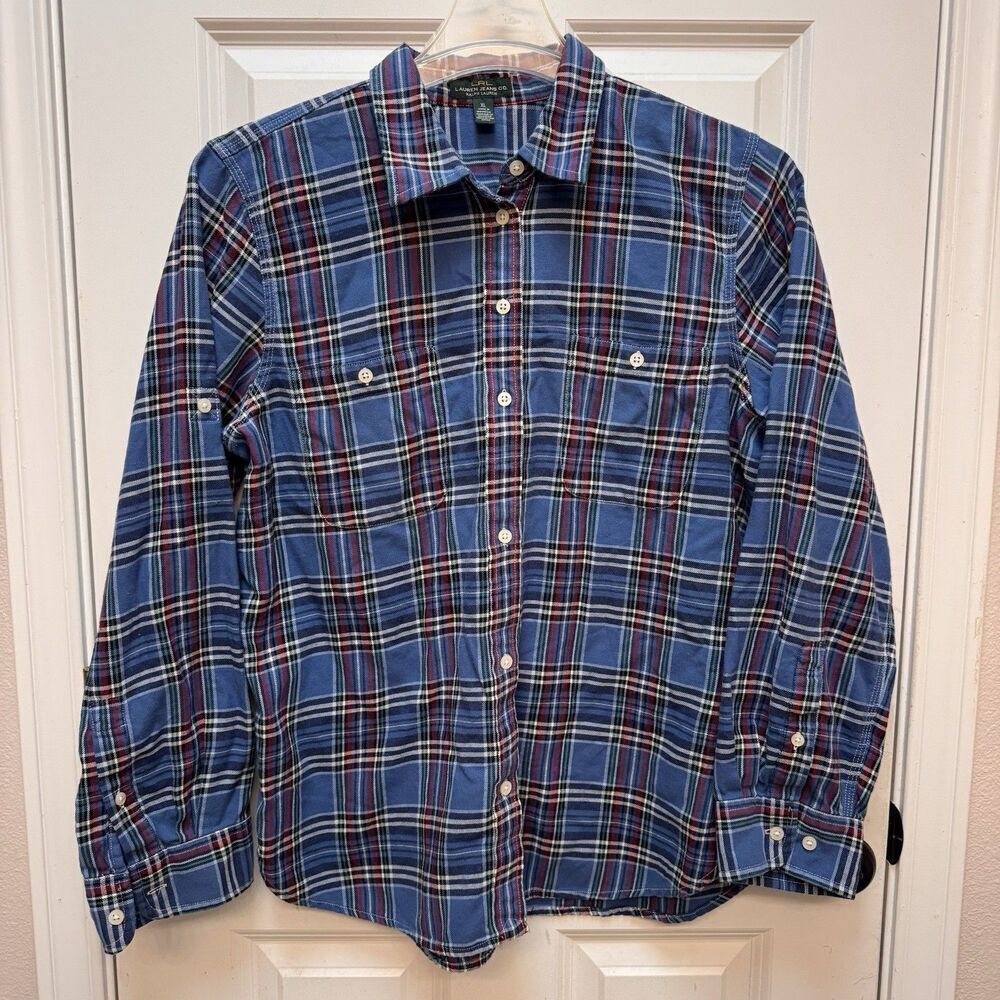 LRL Ralph Lauren Jeans Co. Women's XL Blue Plaid Long Sleeve Button Up Shirt